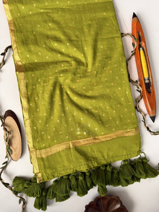 Gold Polka Mul Saree (Lime)