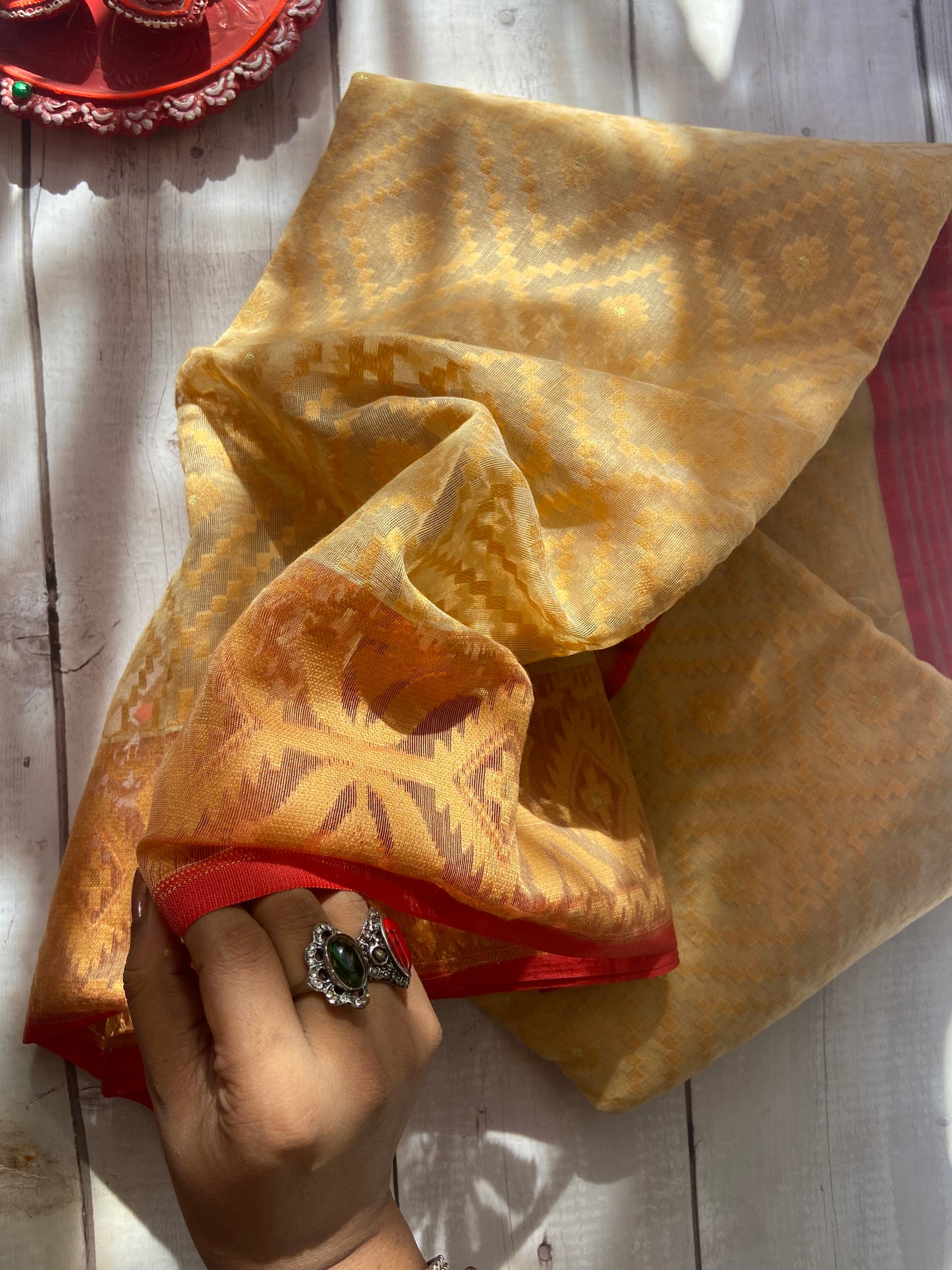 Gold & Red Jamdani Saree