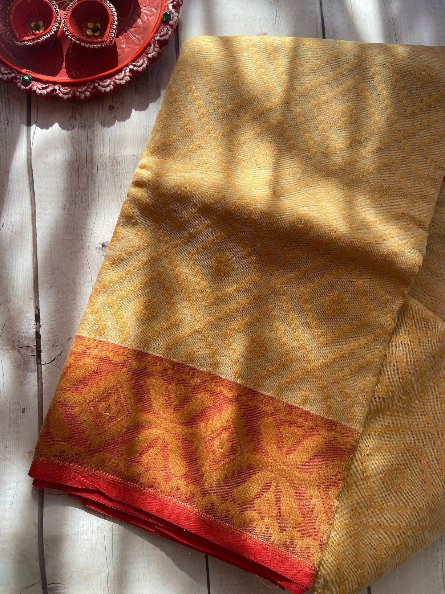 Gold & Red Jamdani Saree