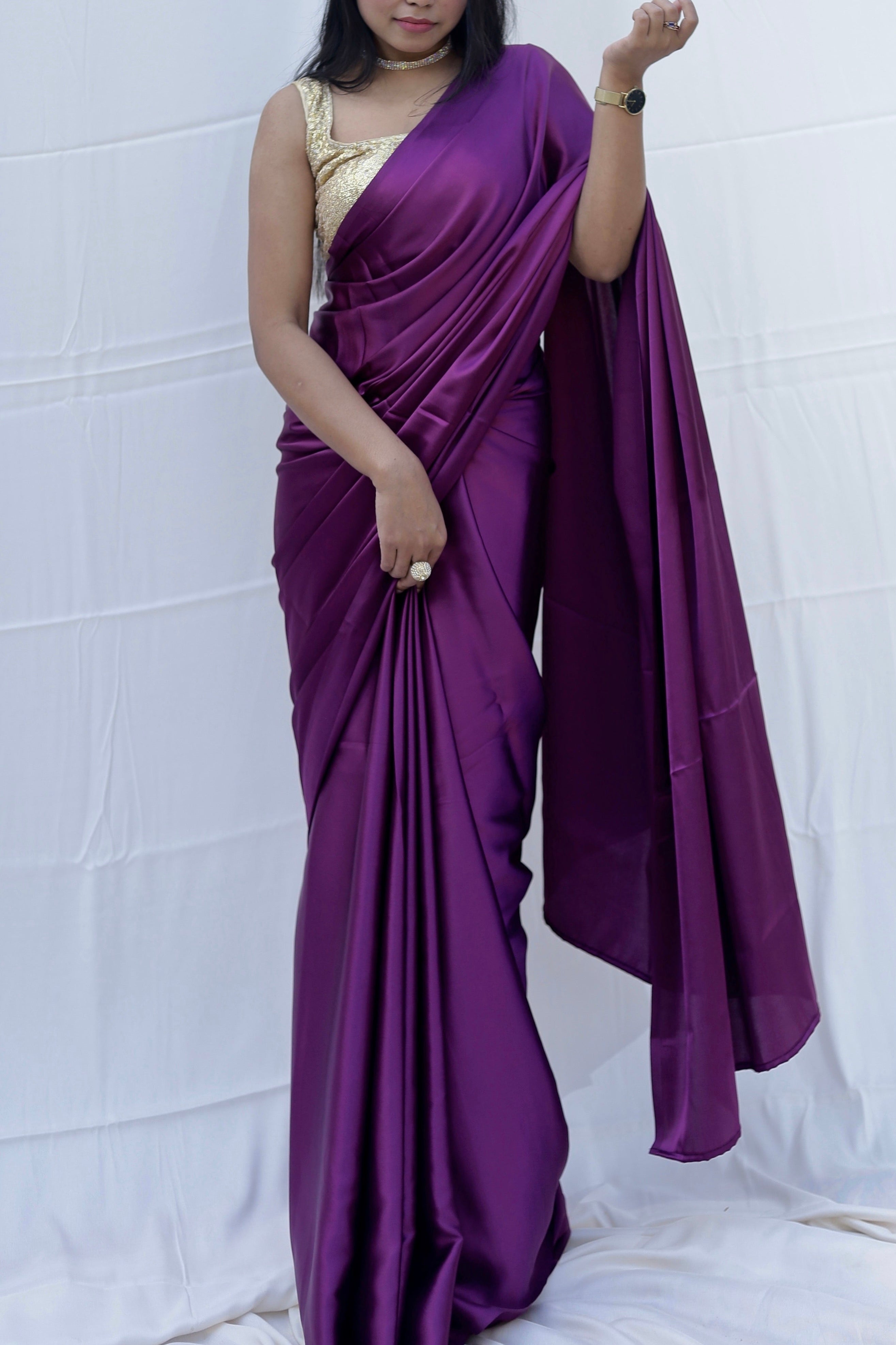 Stunning Purple and White Satin ready to Wear Saree - Cloths