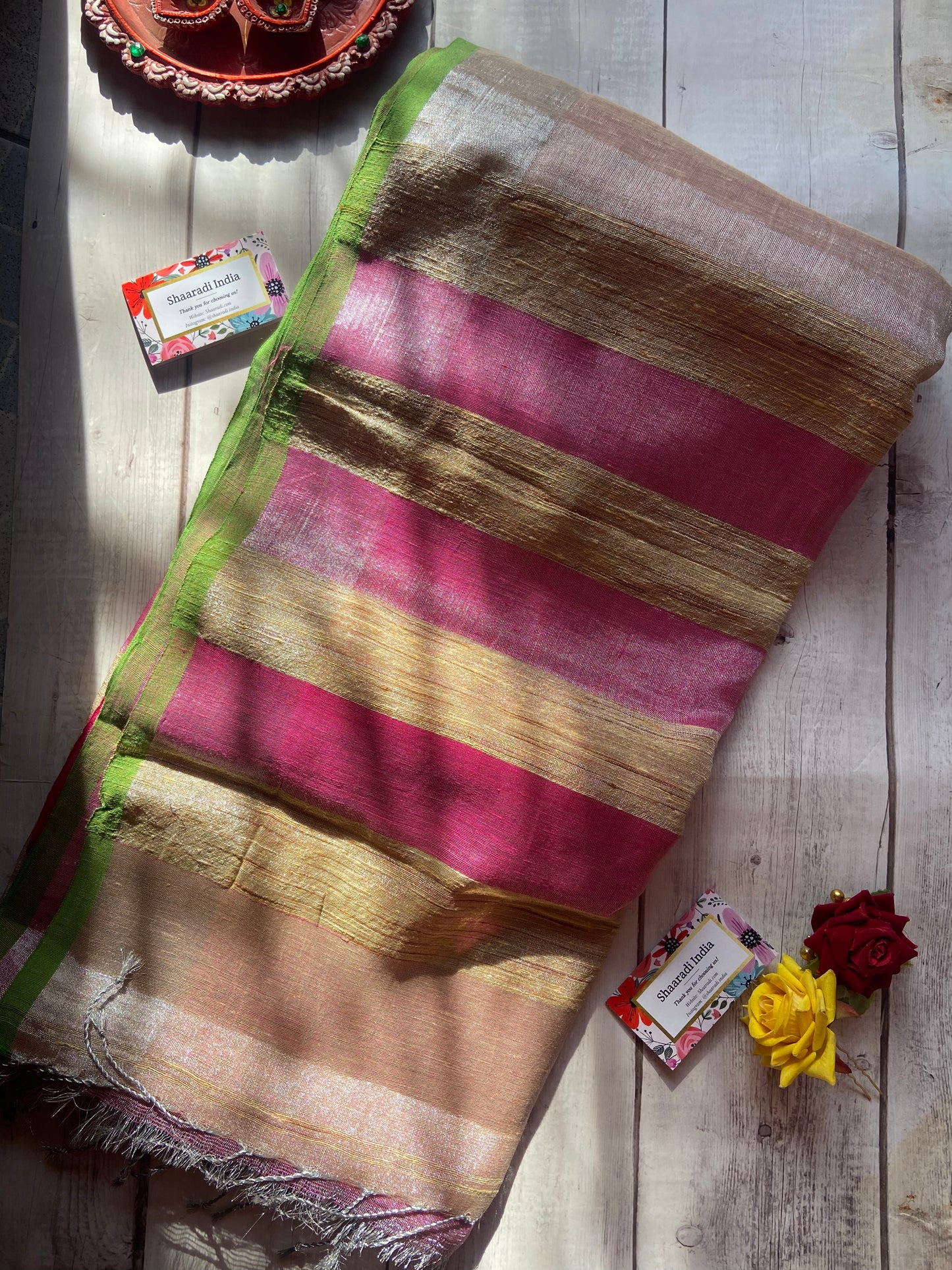 Silver & Beige Zari Linen Saree