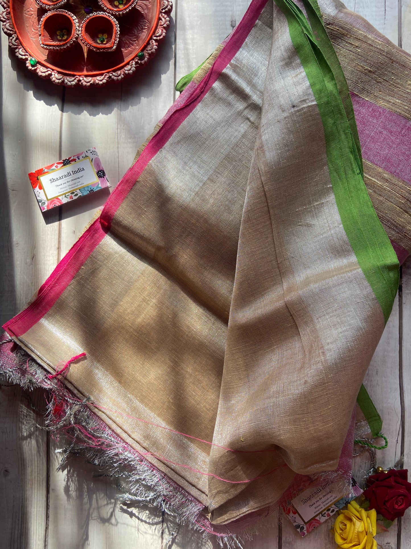 Silver & Beige Zari Linen Saree