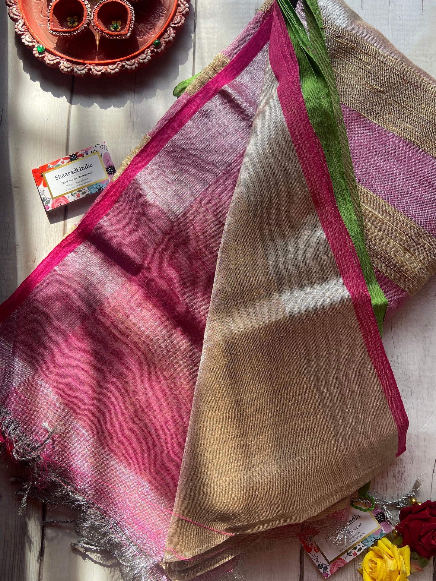 Silver & Beige Zari Linen Saree