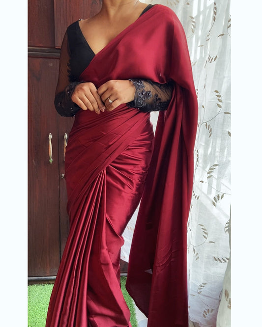 Wine red satin saree