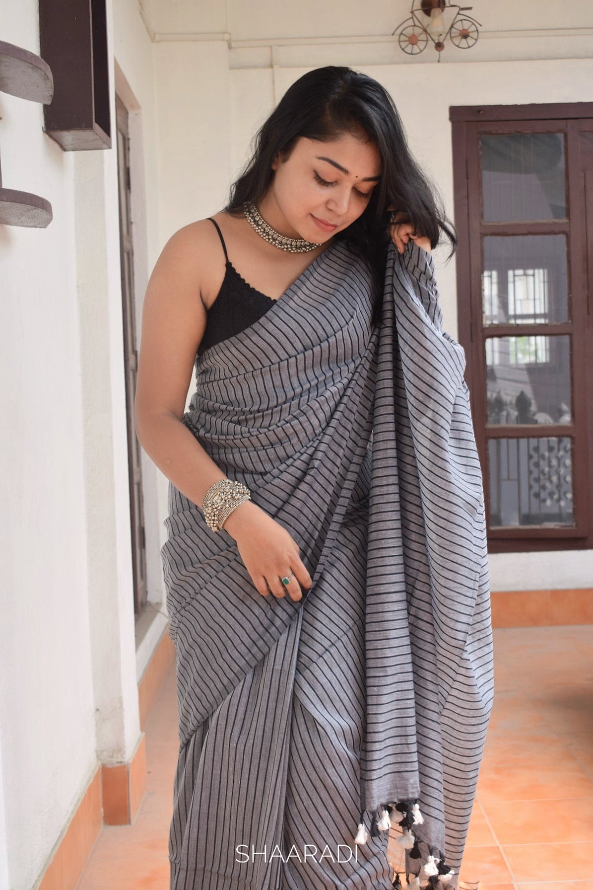 Incredible Silver Georgette Saree with Black Blouse