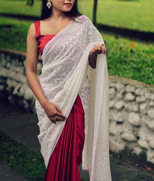 White & Red Embroidered Saree