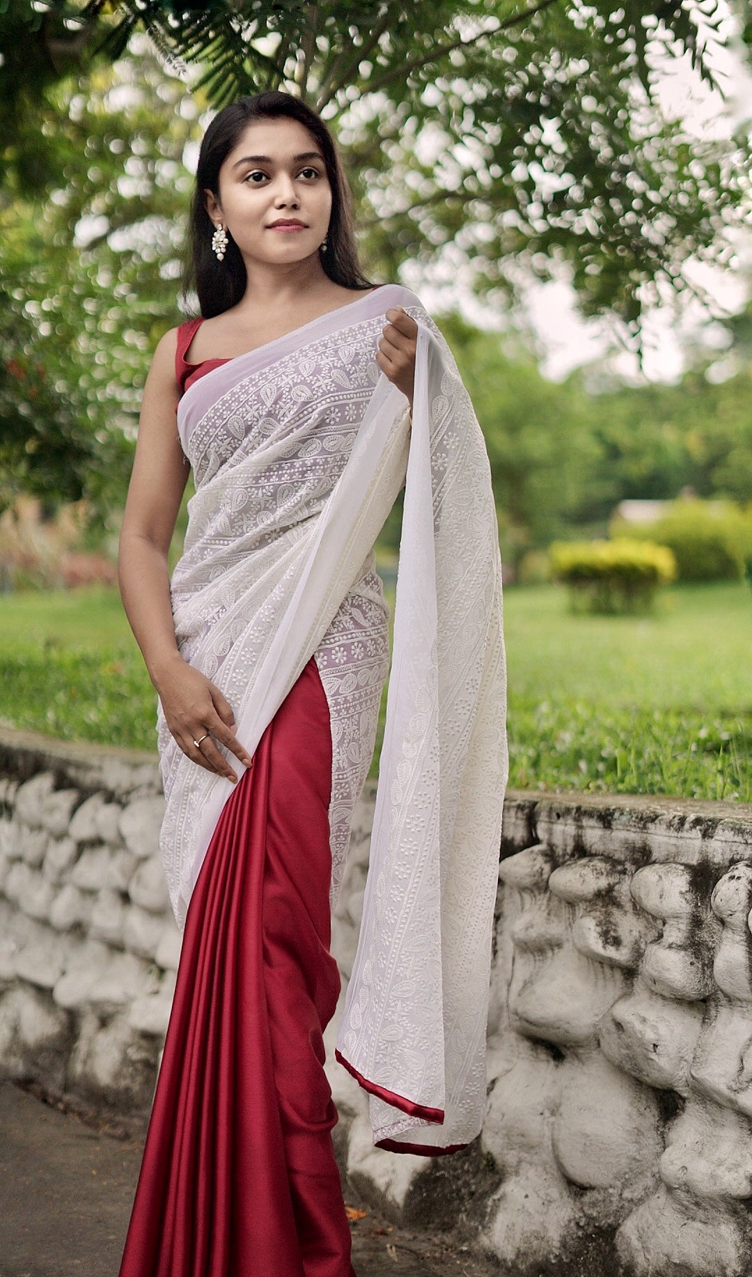 White & Red Embroidered Saree