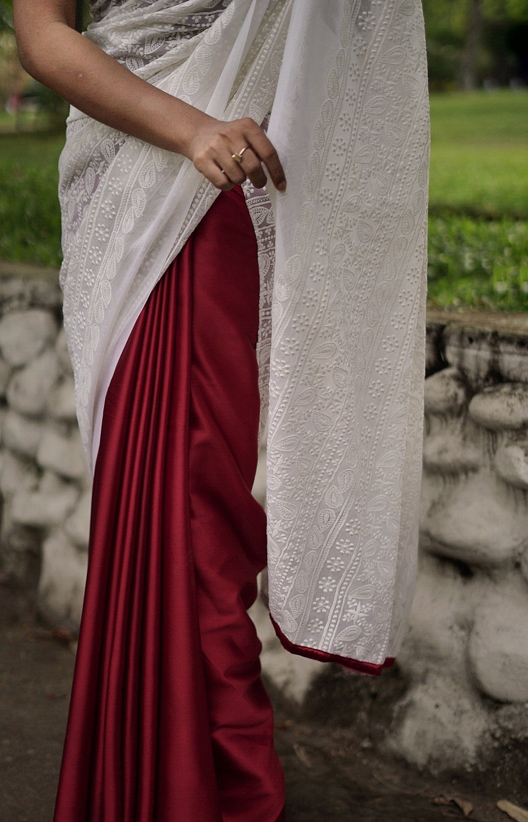 White & Red Embroidered Saree