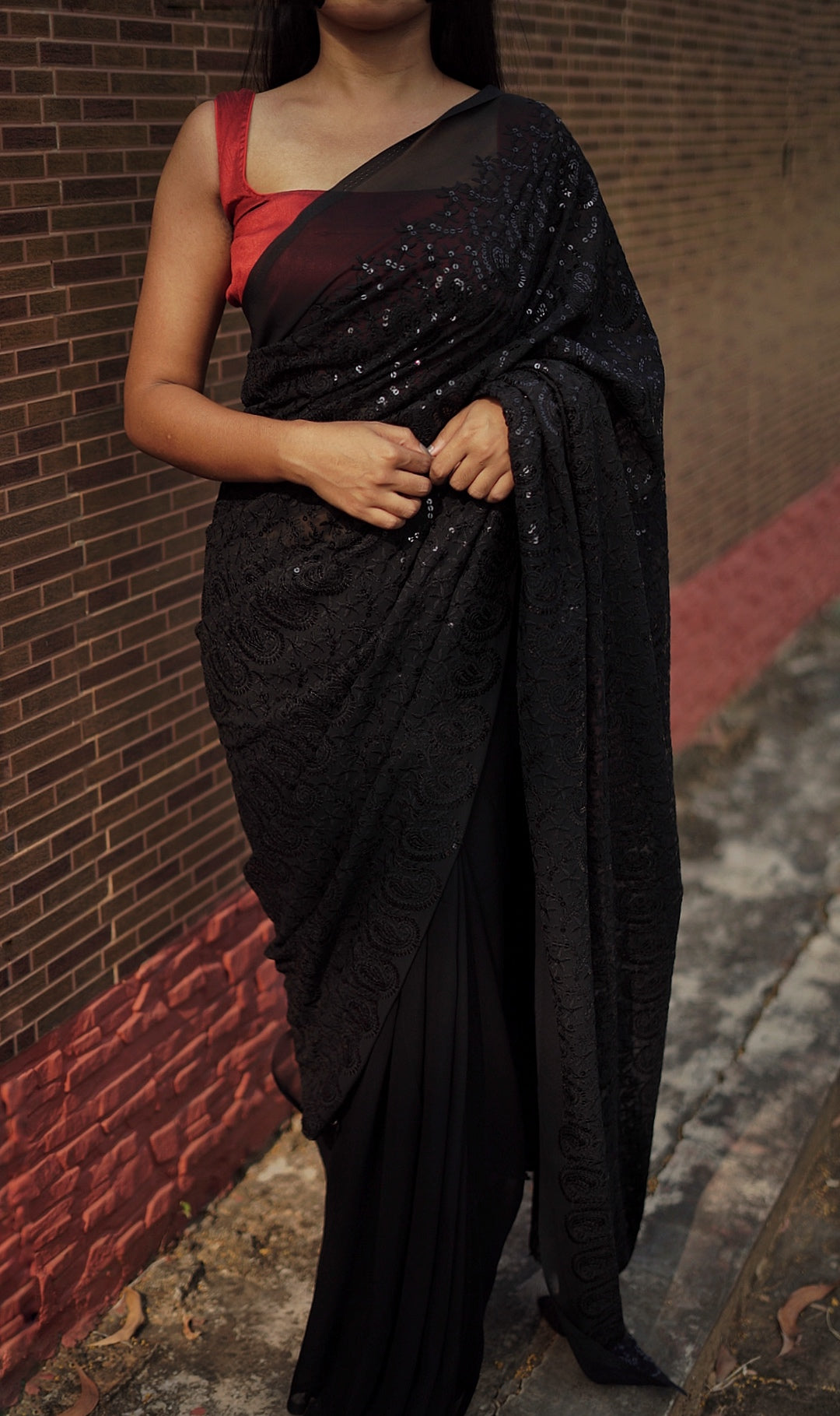 Party Wear Sarees : Black georgette sequence work party wear ...