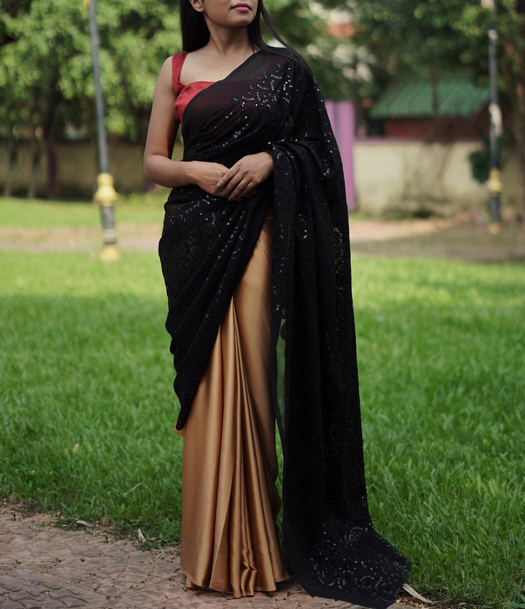 Golden Colour Designer Saree Party Wear with Black Blouse