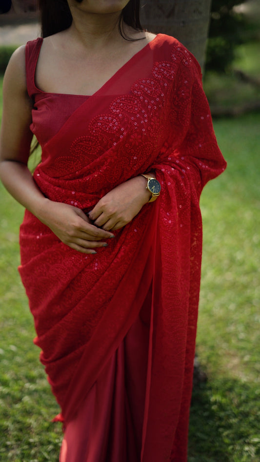 Sequinned Red Saree