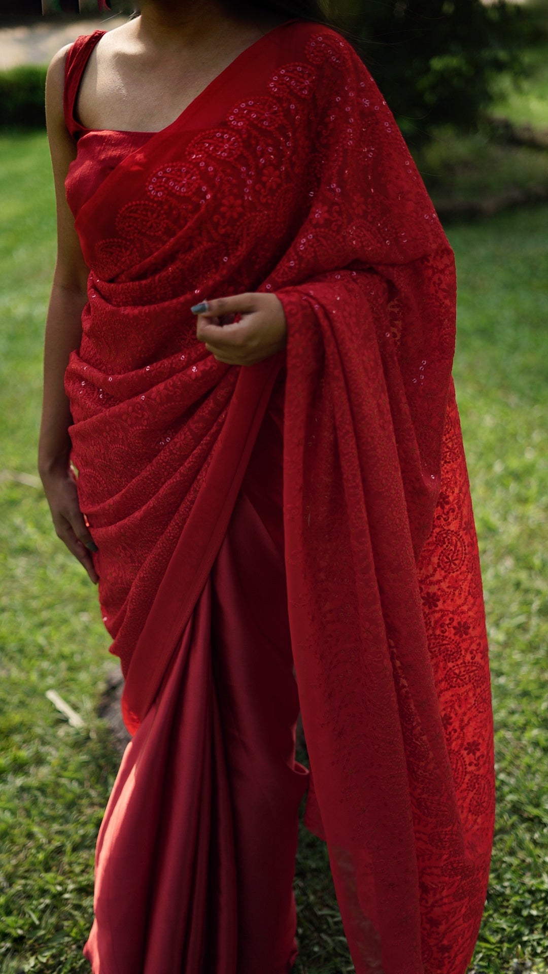 Sequinned Red Saree