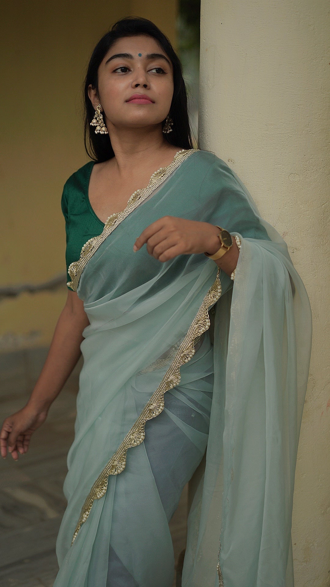 Pearls On Pastel Green Saree