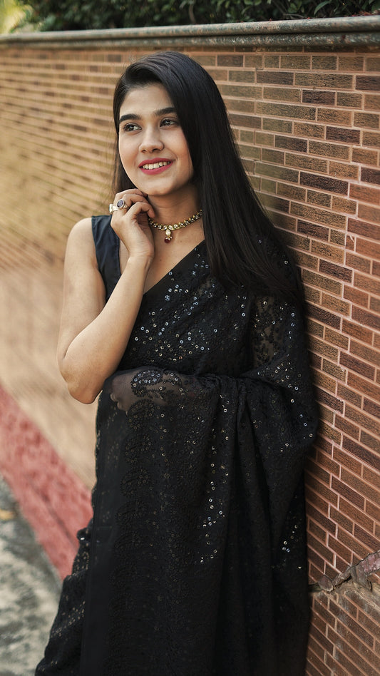 Sequinned black saree