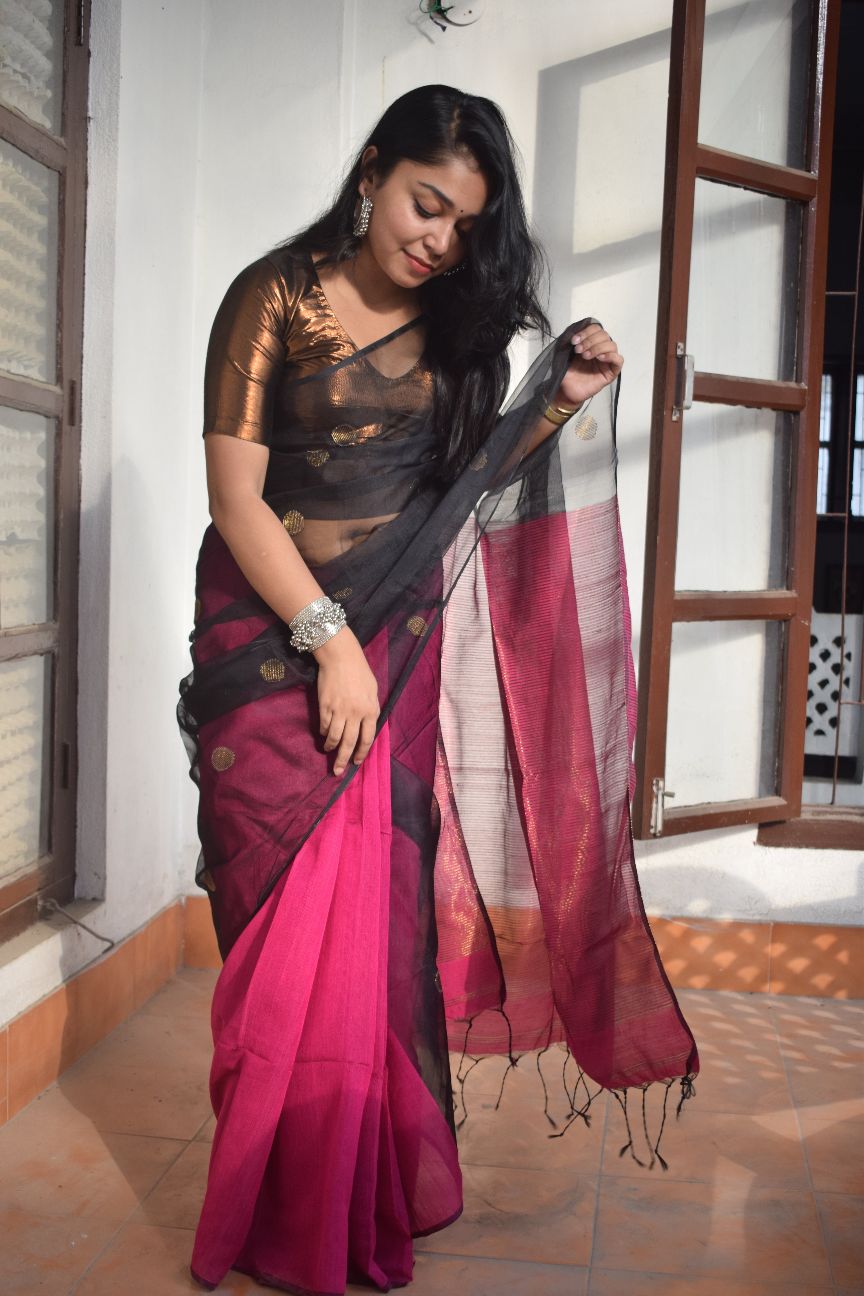 KF - Black and pink georgette border lace saree - OFFER