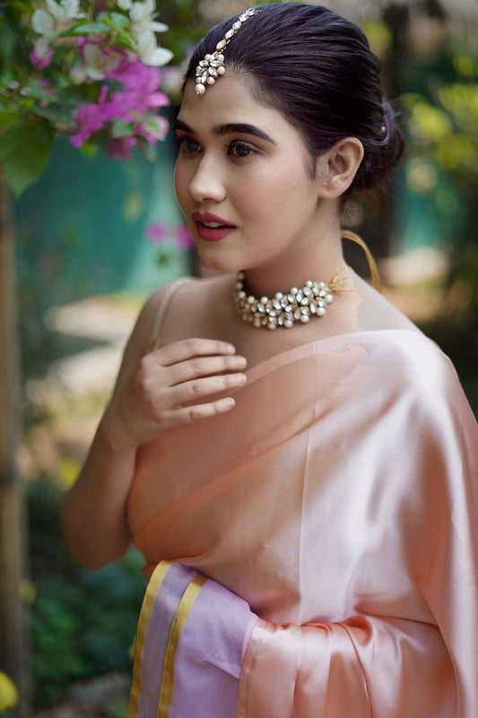 Frilled Peach Satin Saree